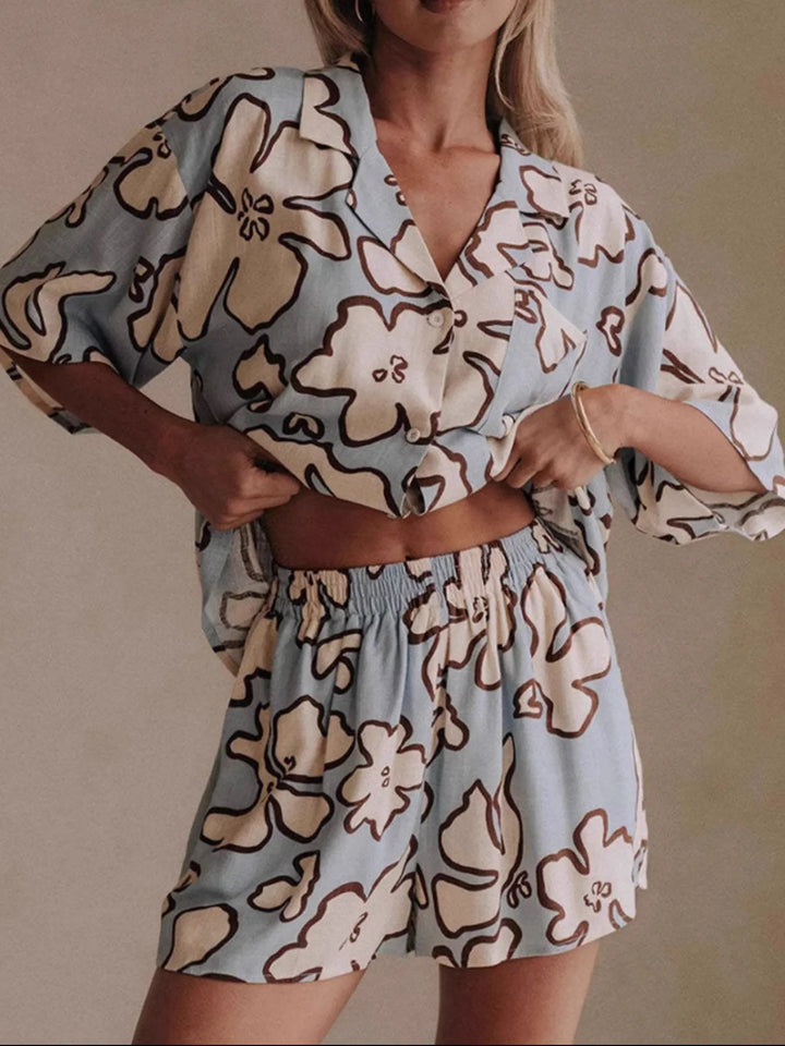 Printed Button Up Shirt and Shorts Set