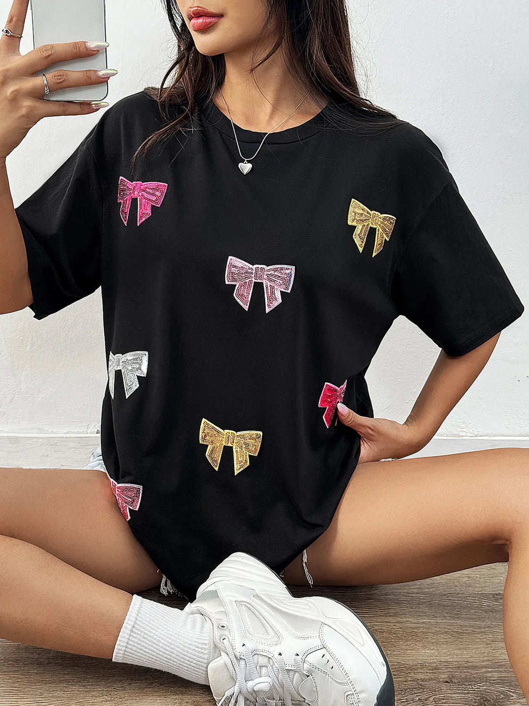 Sequin Bow Round Neck Short Sleeve T-Shirt