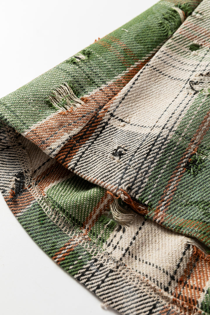 Mist Green Boho Floral Plaid Patchwork Distressed Detail Ruffled Sleeve Waffle Knit Shacket