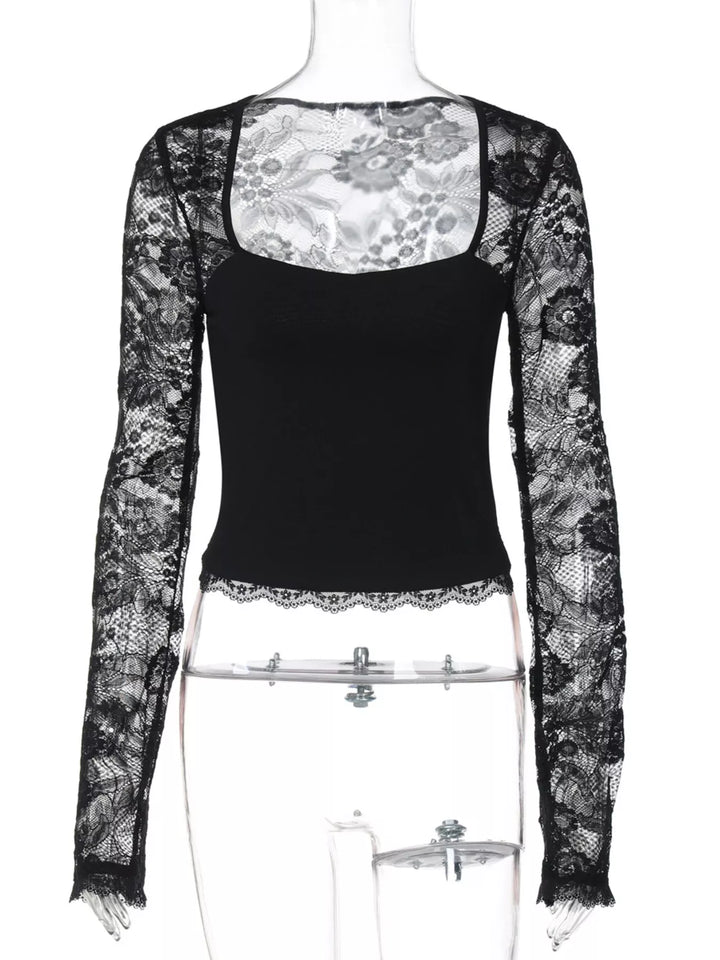 Sheer Lace Sleeve Square Neck T-Shirt