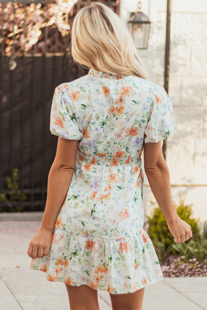 Beige Floral Print Shirred High Waist Puff Sleeve Mini Dress