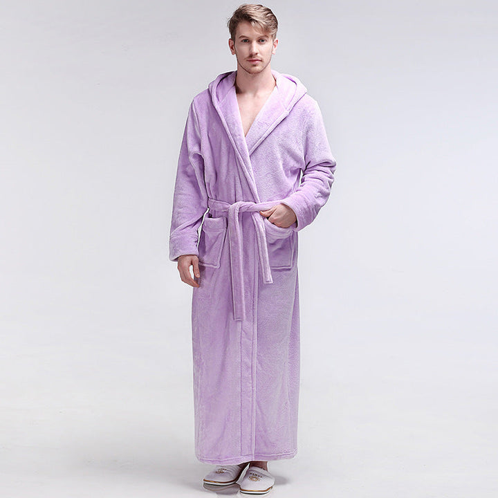 Mens Winter Hooded Thickened Long-Style Nightgown