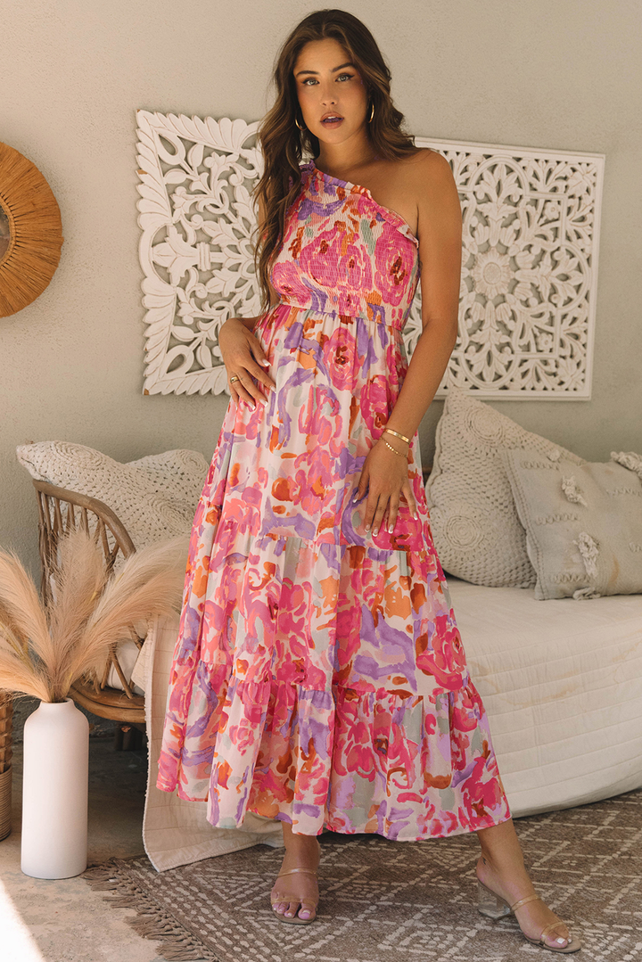 Robe longue froncée à une épaule et imprimé floral abstrait rose