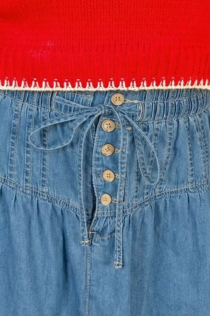 Button-Front Ruffle Hem Denim Skirt