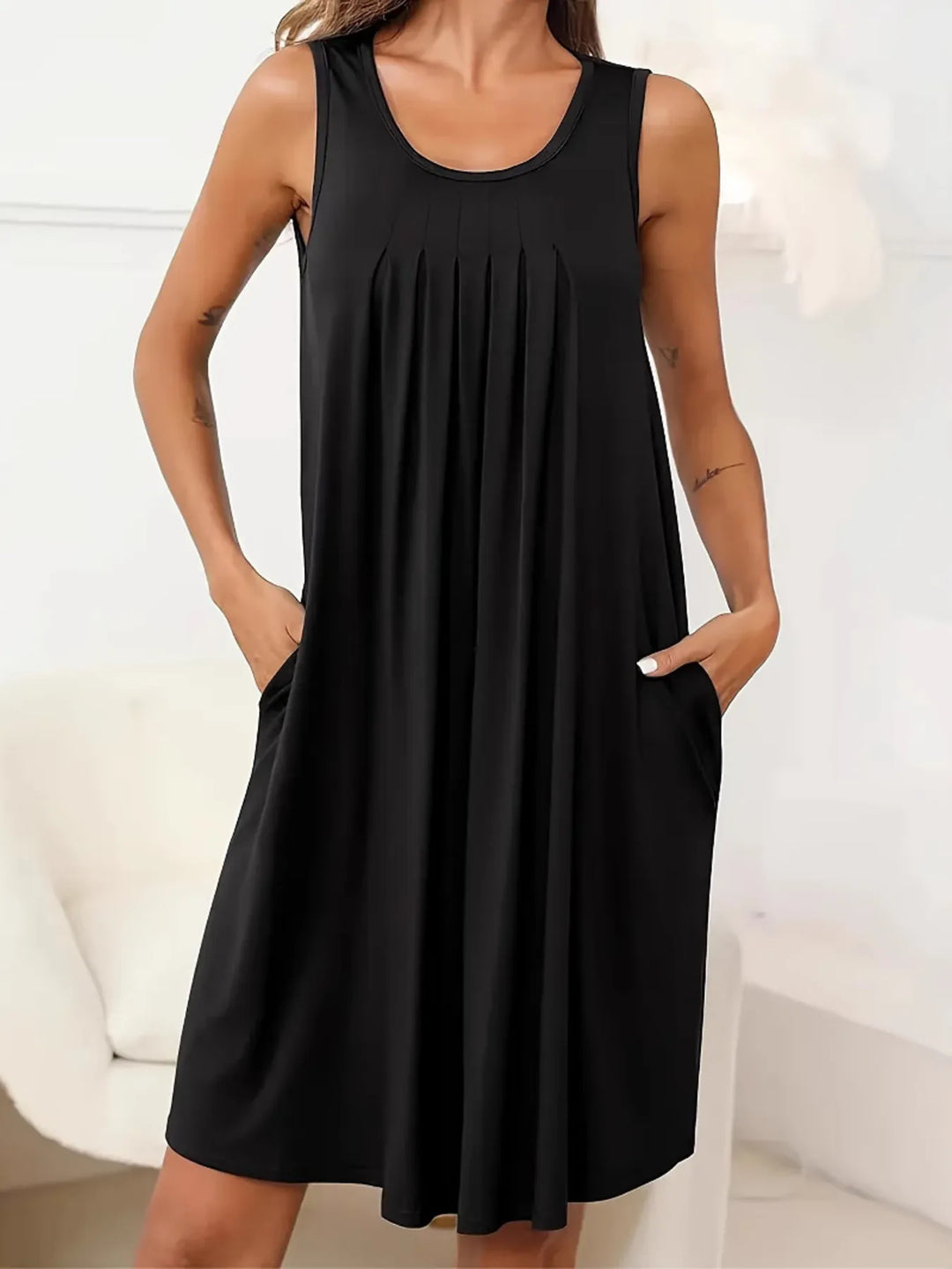 Flowy Pleated Tank Dress with Pockets