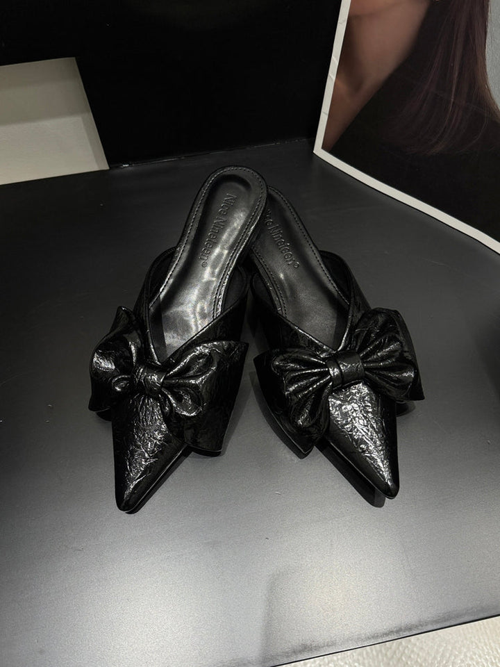 Women New Spring Summer Pointed Toe Bow V-Cut Mules, Elegant Flat Closed Toe Slide Sandals For Outdoor Wear