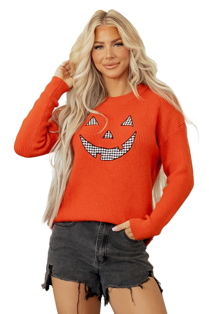 Orange Drop Shoulder Long Sleeve Round Neck Halloween Sweater