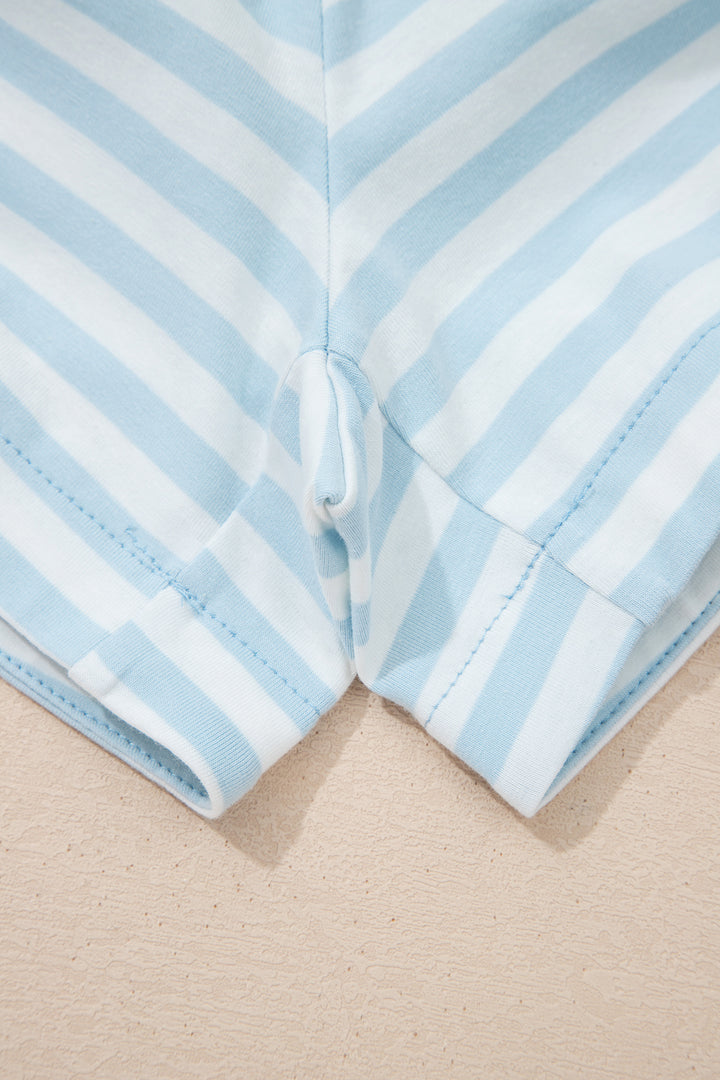 Sky Blue Stripe Contrast Neck Loose Tee and Drawstring Shorts Set