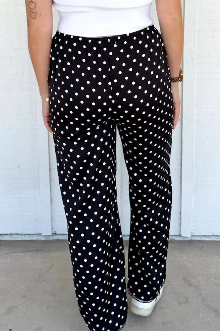 Polka Dot Print Elastic Waist Lace Hem Loose Pants