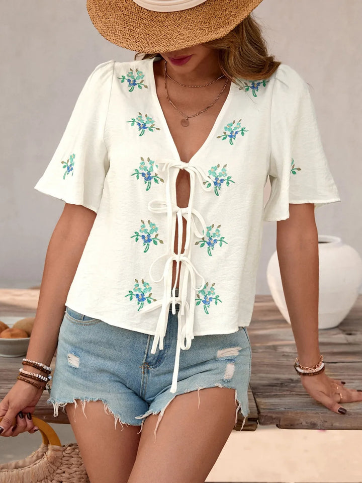 Embroidered V-Neck Short Sleeve Shirt