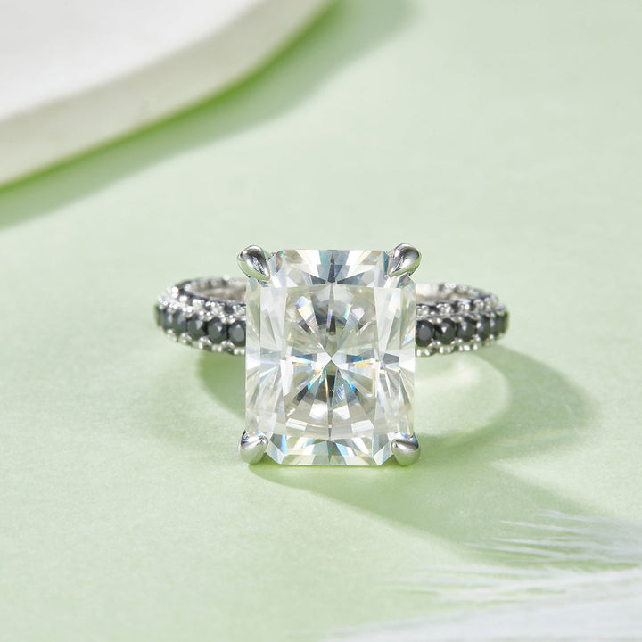 S925 Sterling Silver 8ct Moissanite Ring, 10x12mm D-VVS1 Contrast Black Pave Band, Platinum Plated US Sizes 5-9 GRA Gift Box