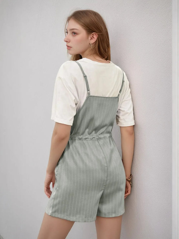 Perfee Drawstring Waist Striped Overalls with Pockets