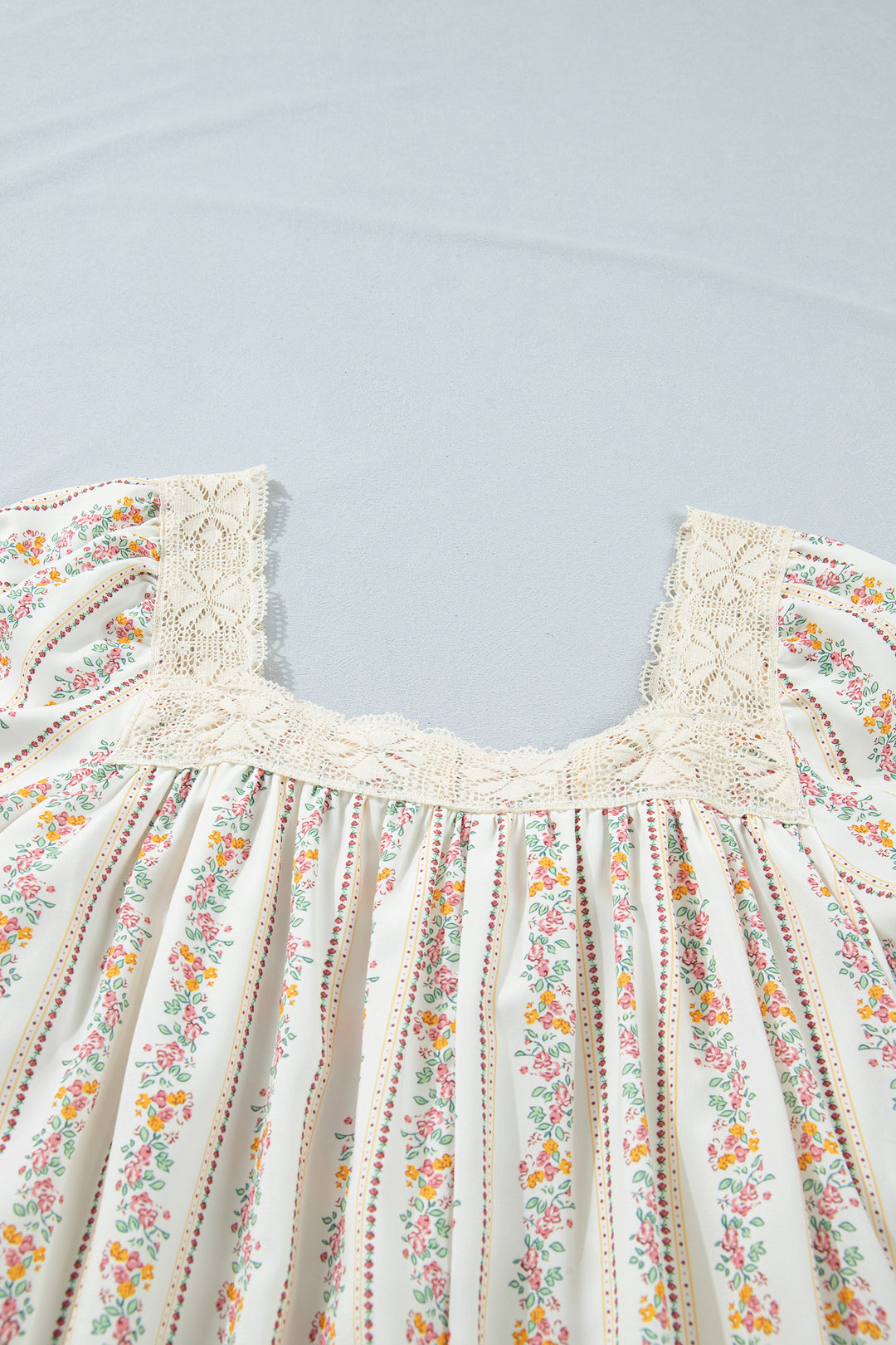 Multicolour Floral Print Contrast Ribbon Bow Lace Trim Square Neck Mini Dress
