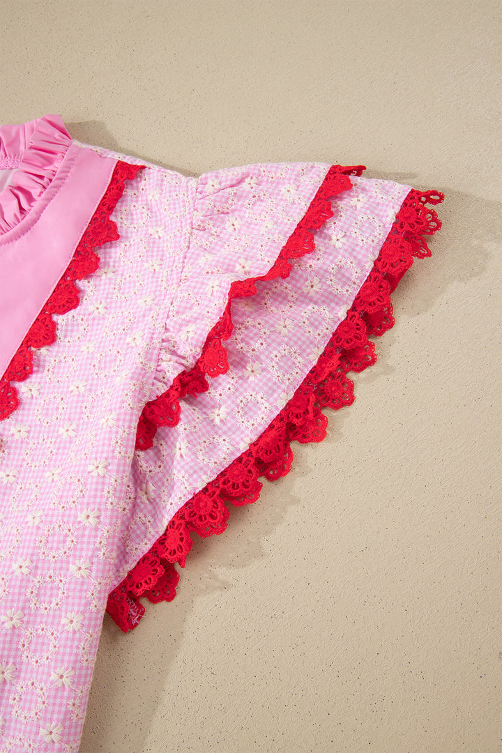 Pink Eyelet Embroidered Flower Texture Contrast Lace Trim Flutter Sleeve Blouse
