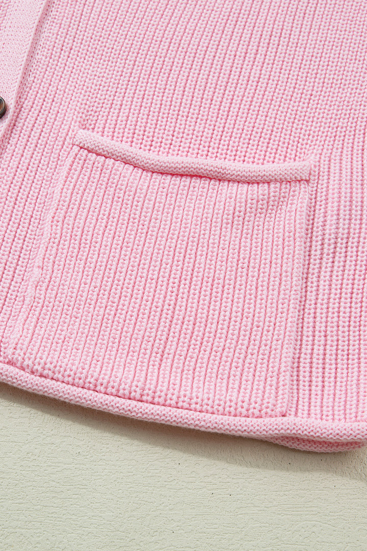 Pink Solid Color Knit V Neck Button Front Sweater Vest