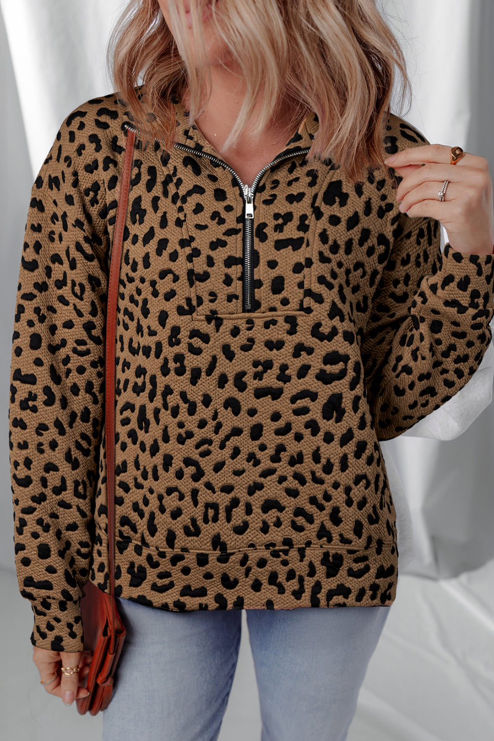 Brown Leopard Print Quarter Zip Sweatshirt