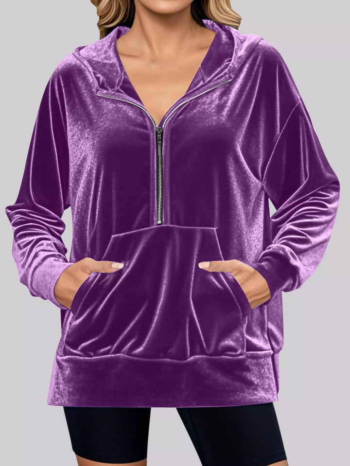Full Size Velvet Half Zip Hoodie with Kangaroo Pocket Plus Size