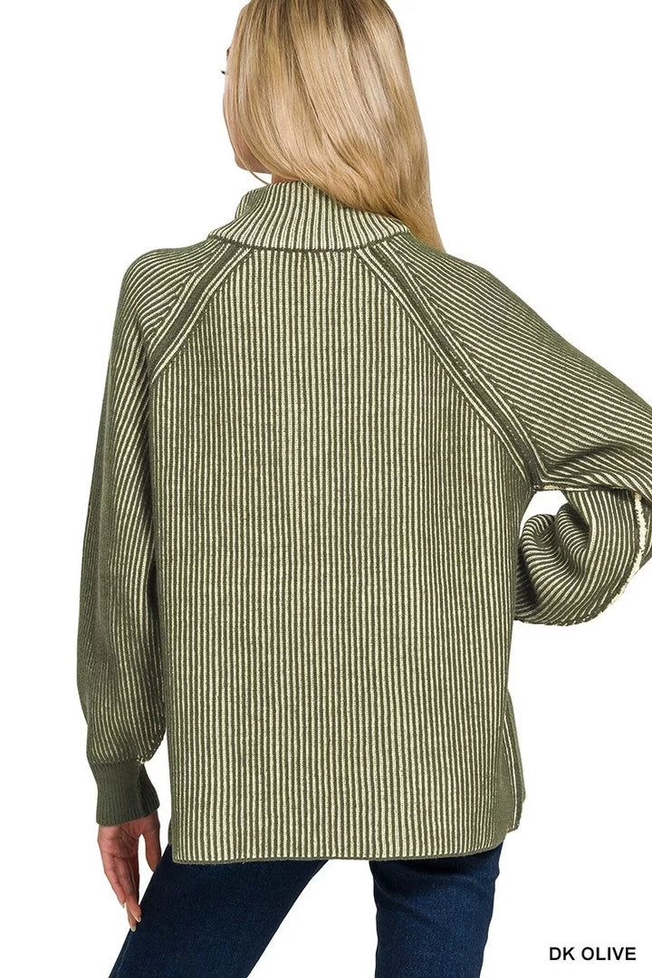 Zenana Ribbed Two Tone Half Zip Sweater