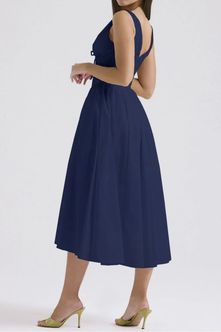 Ruched V-Neck Sleeveless Dress with Pockets
