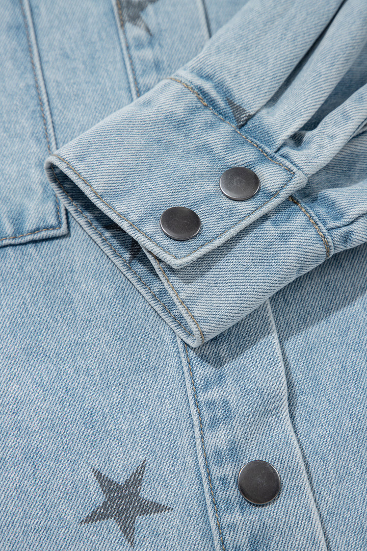 Sky Blue Stars Pattern Long Sleeve Shirt Collar Denim Jacket