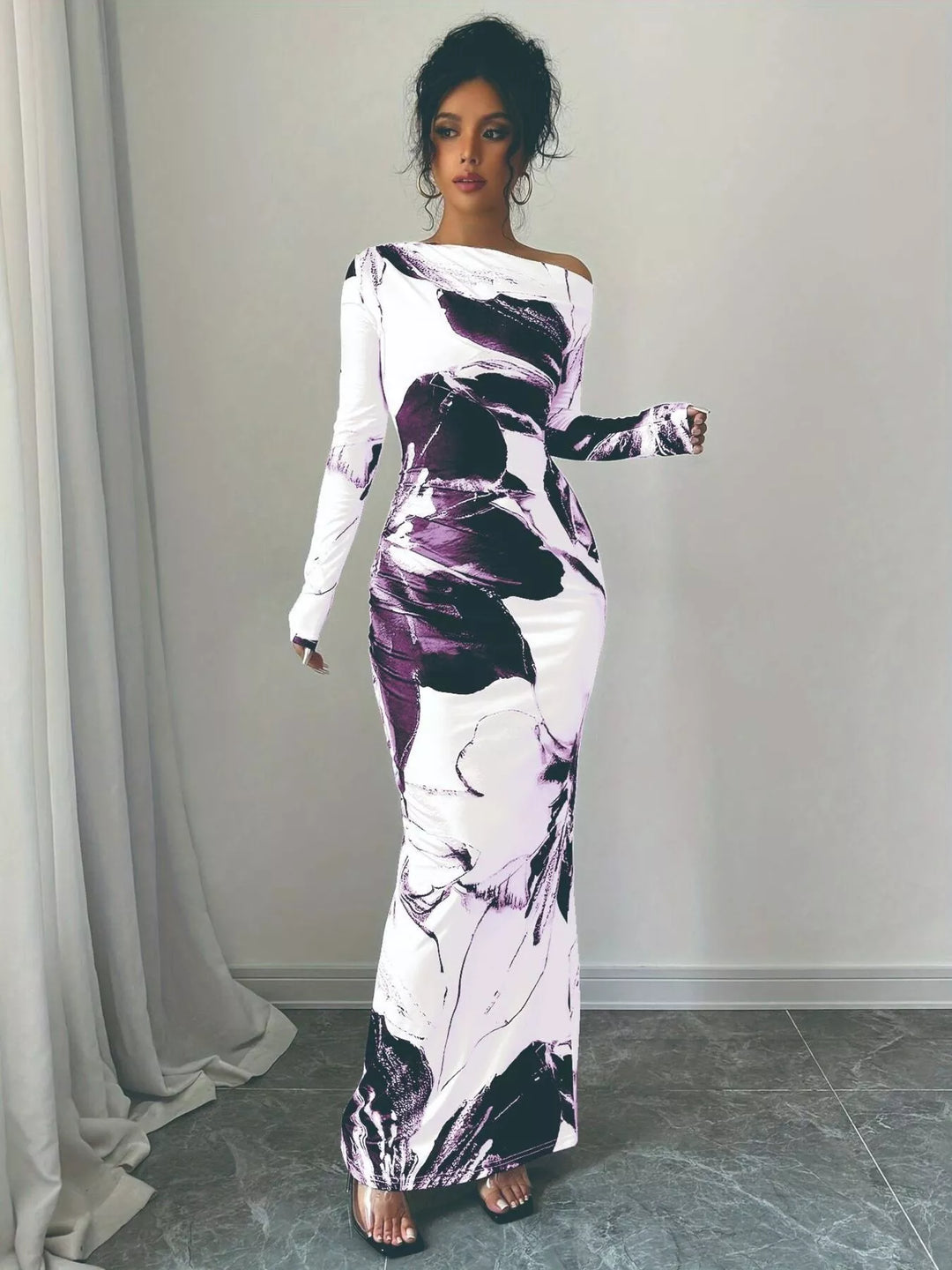 Floral One Shoulder Long Sleeve Maxi Dress