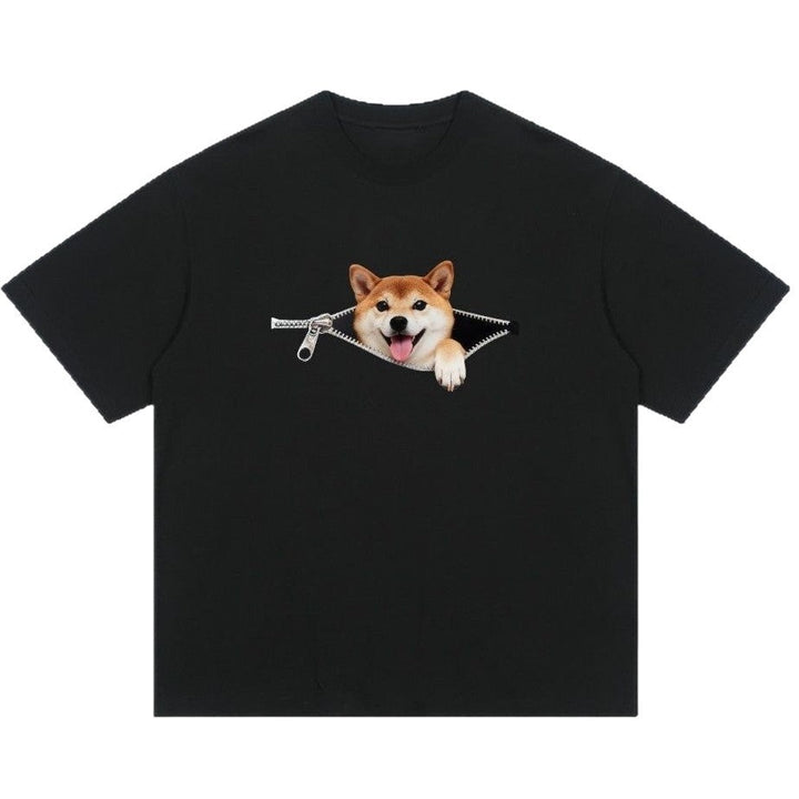 Plus-size Cotton Zip-up Dog-print Casual Summer Couple T-shirts