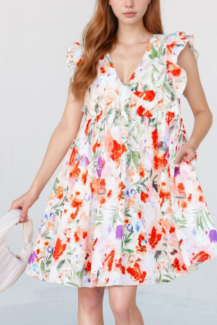 Floral Double Ruffle Sleeve V Neck Mini Dress