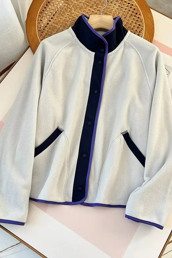 Snap Down Contrast Fleece Jacket with Pockets