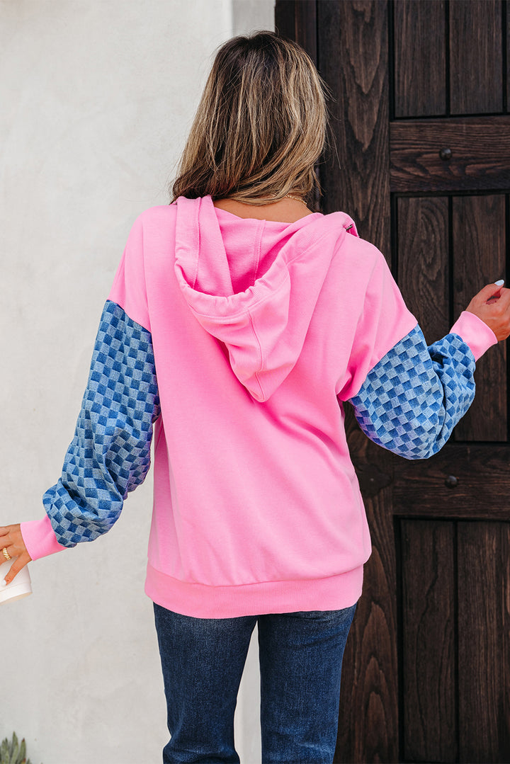 Bonbon Checkered Patchwork Kangaroo Pocket Half Zipper Hoodie