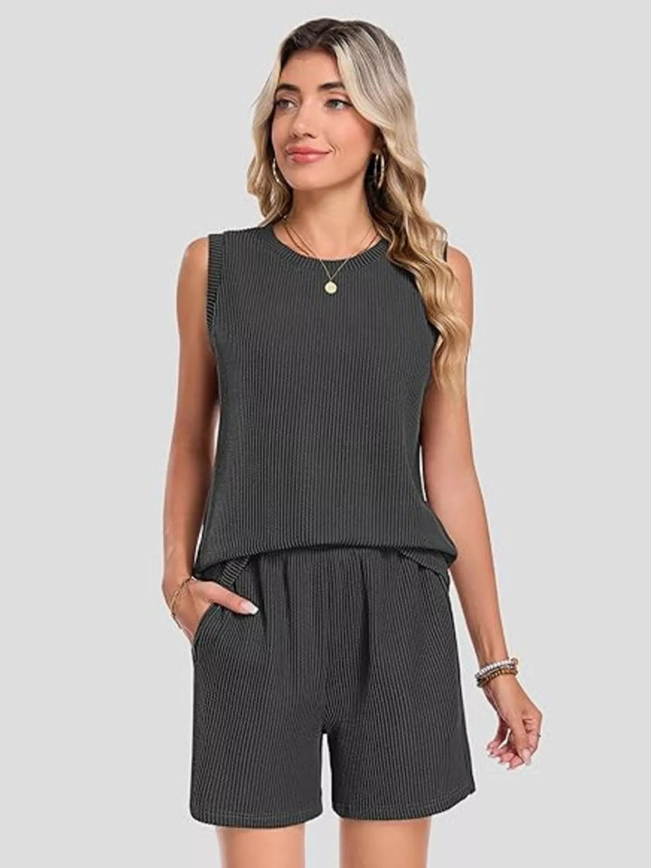 Casual Ribbed Knit Sleeveless Top and Shorts Set