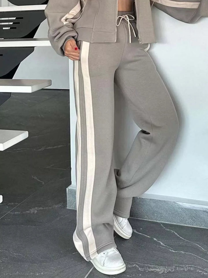Full Size Contrast Stripe Zip Up Jacket and Pants Set Plus Size