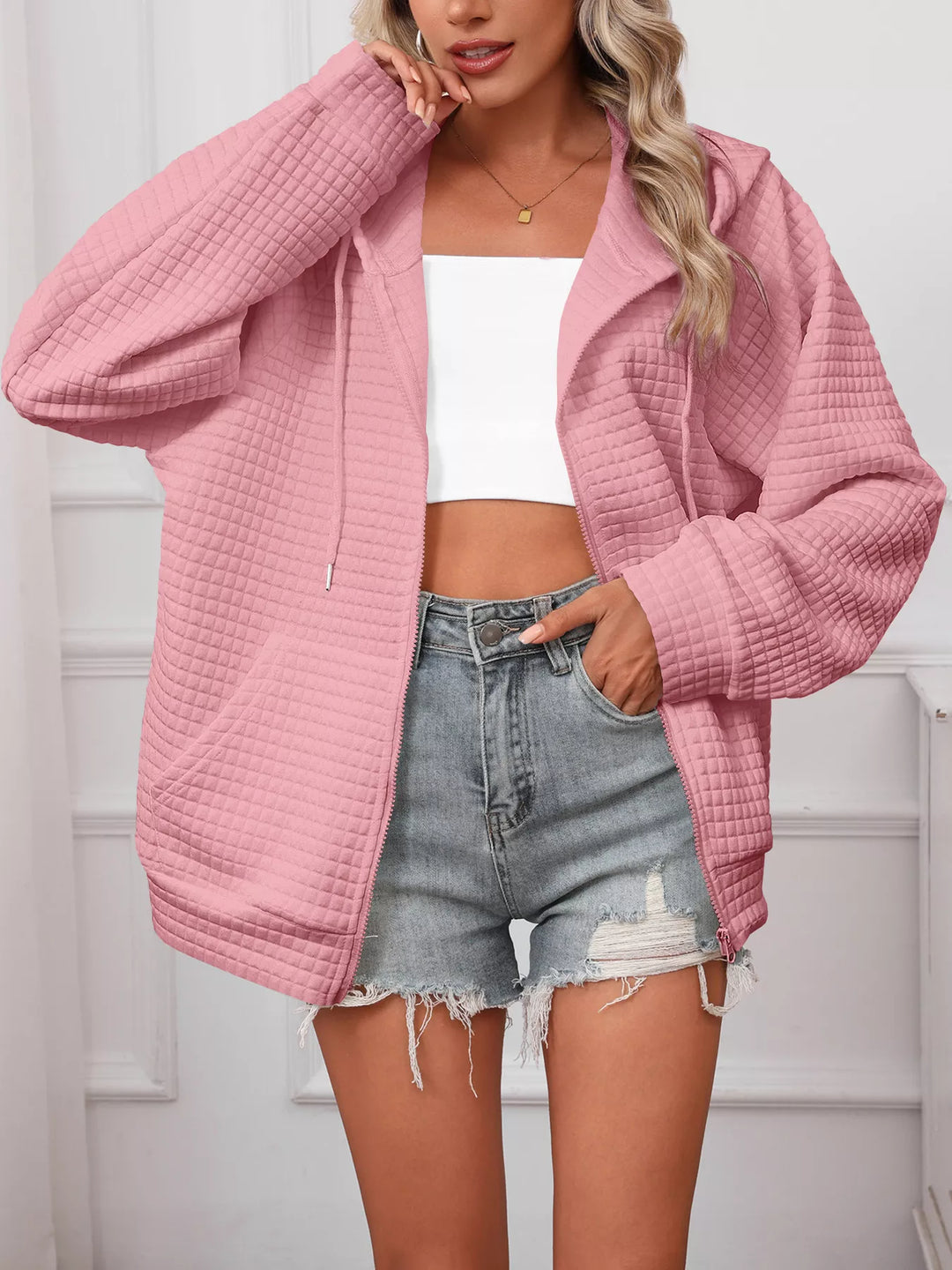 Full Size Textured Quilted Zip-Up Hooded Jacket Plus Size