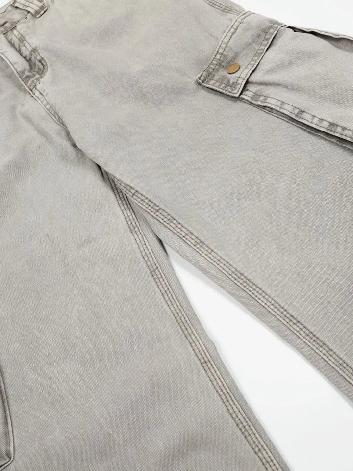 Men's Washed Wide Leg Cargo Jeans with Multiple Pockets