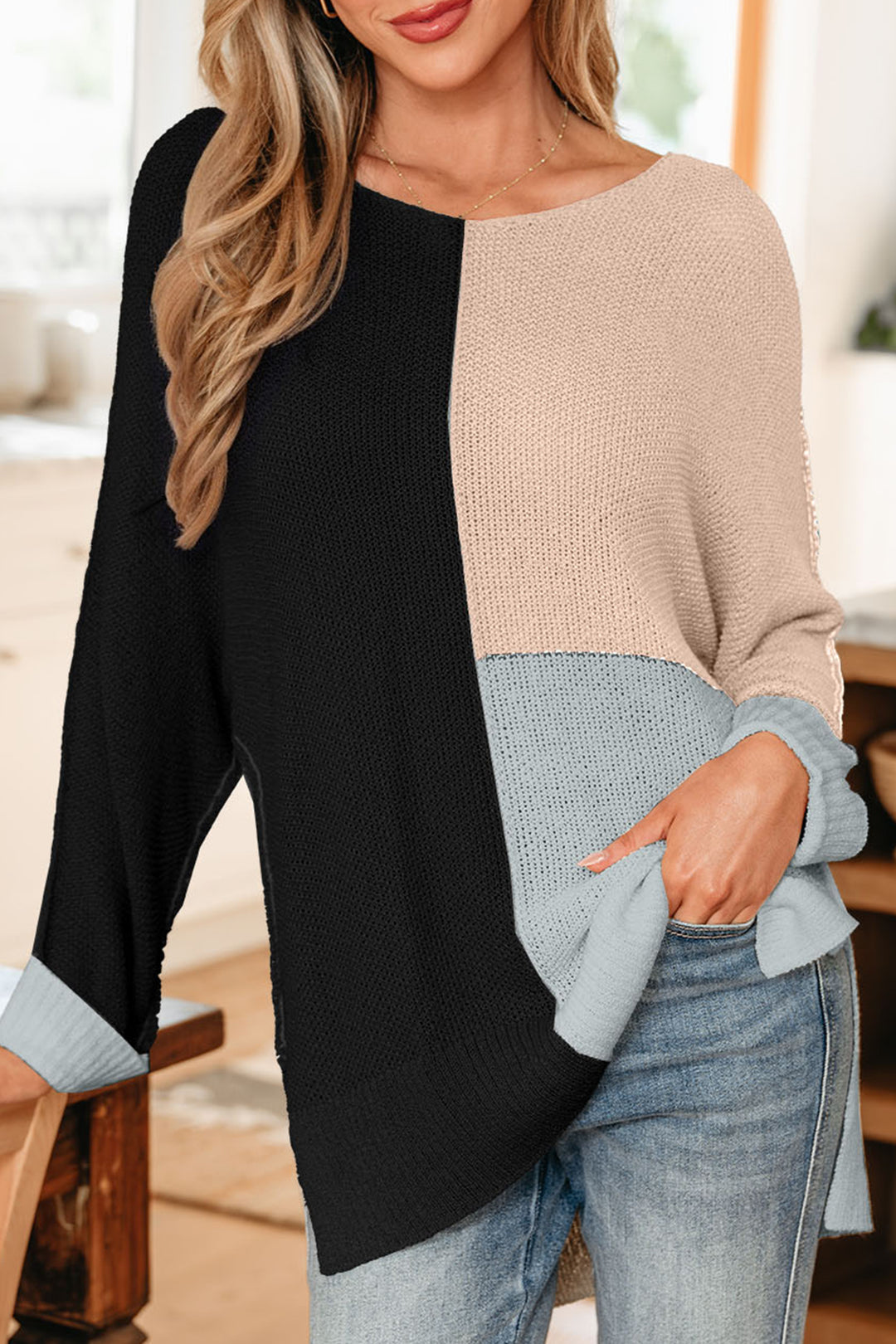 Black Color Block Knit V Neck Loose Sweater
