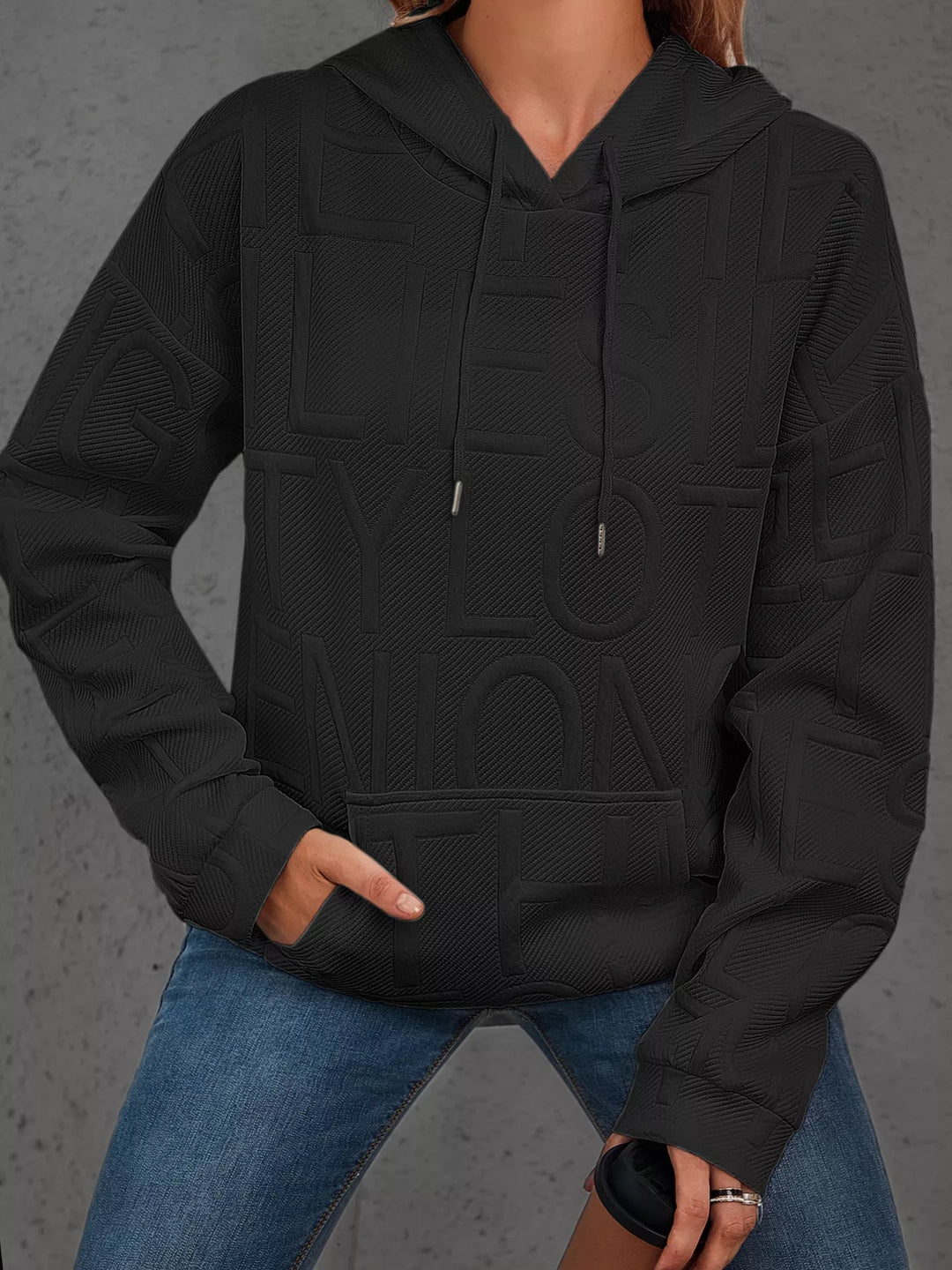 Full Size Textured Embossed Long Sleeve Hoodie Plus Size