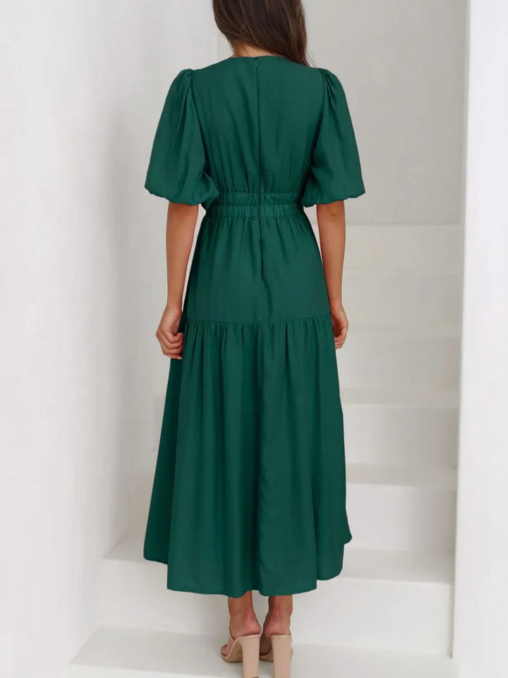 V-Neck Puff Sleeve Midi Dress