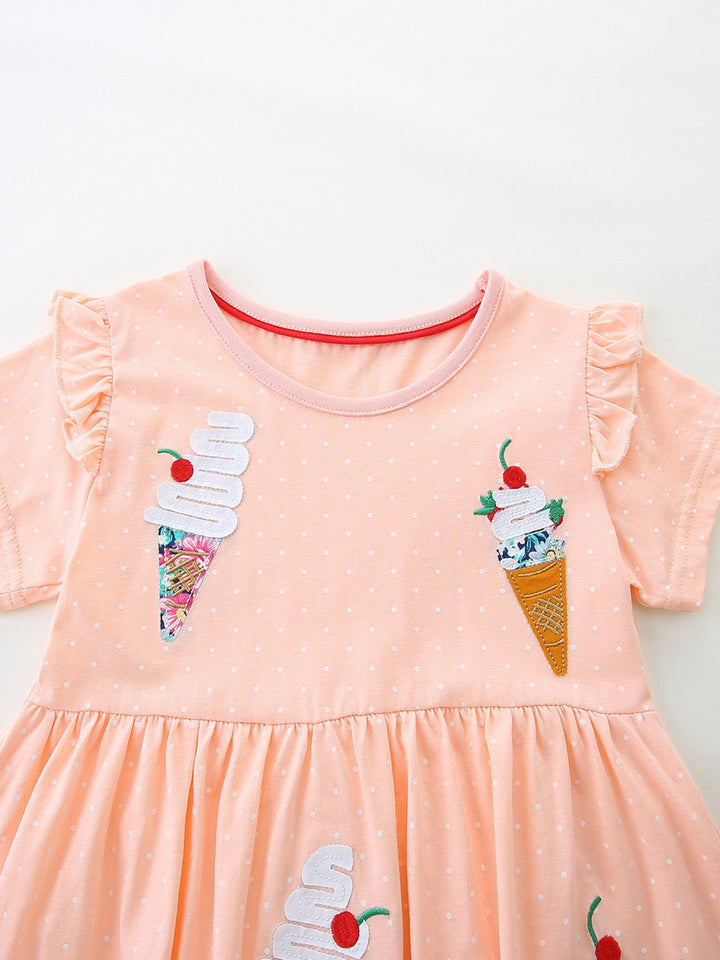 Children's Ice Cream Applique Round Neck Dress