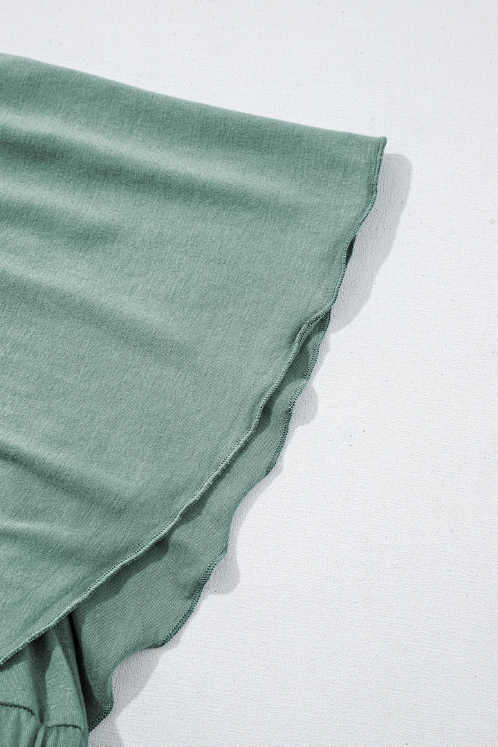Green Textured V Neck Flutter Sleeve Ruffled Maxi Dress