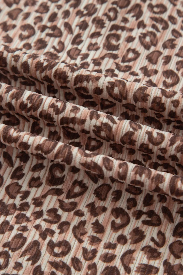 Leopard Print Ribbed Patchwork Half Button Loose Tee Elastic Waist Short 2pcs Set