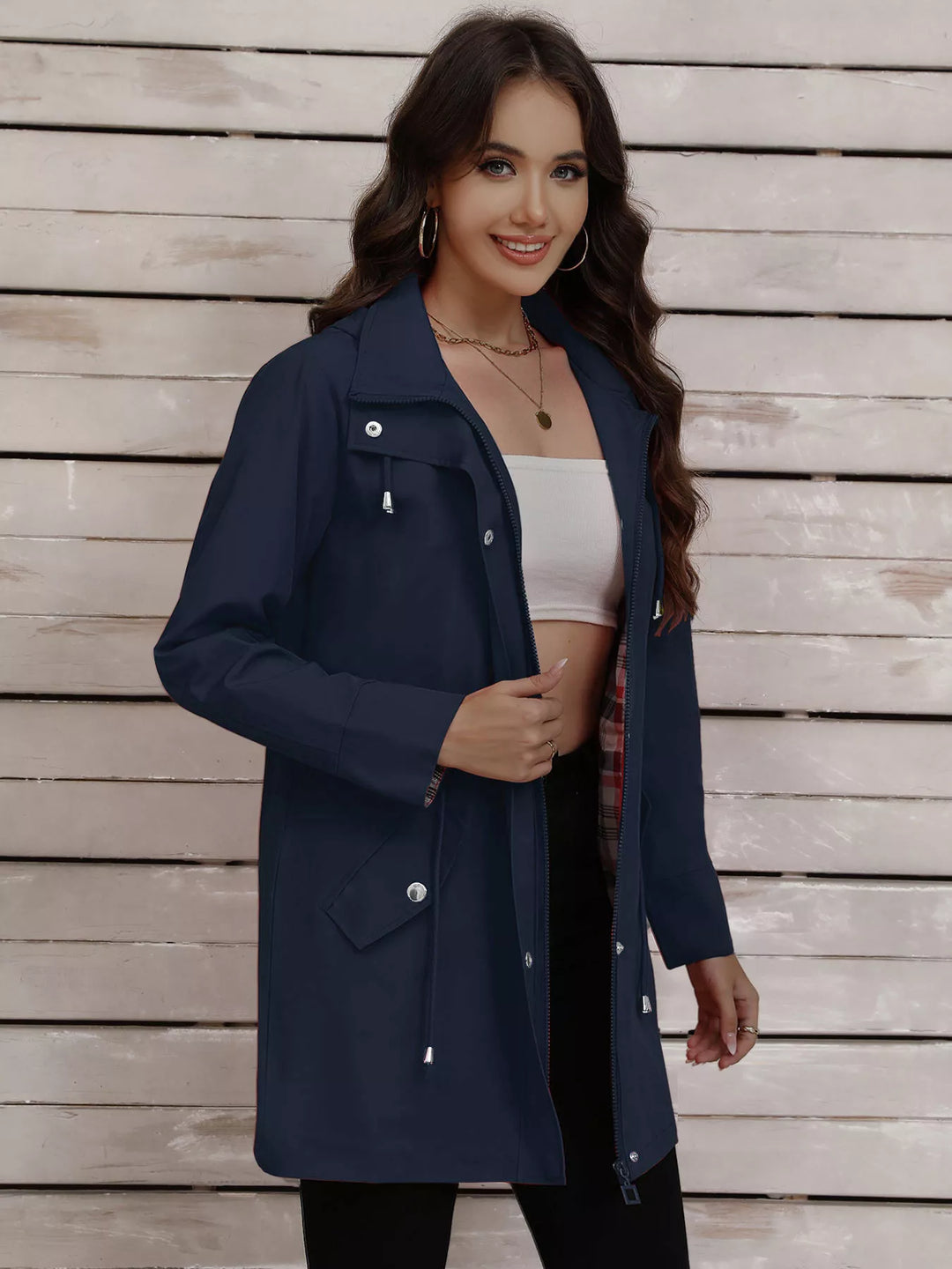 Drawstring Snap-Down Trench Coat
