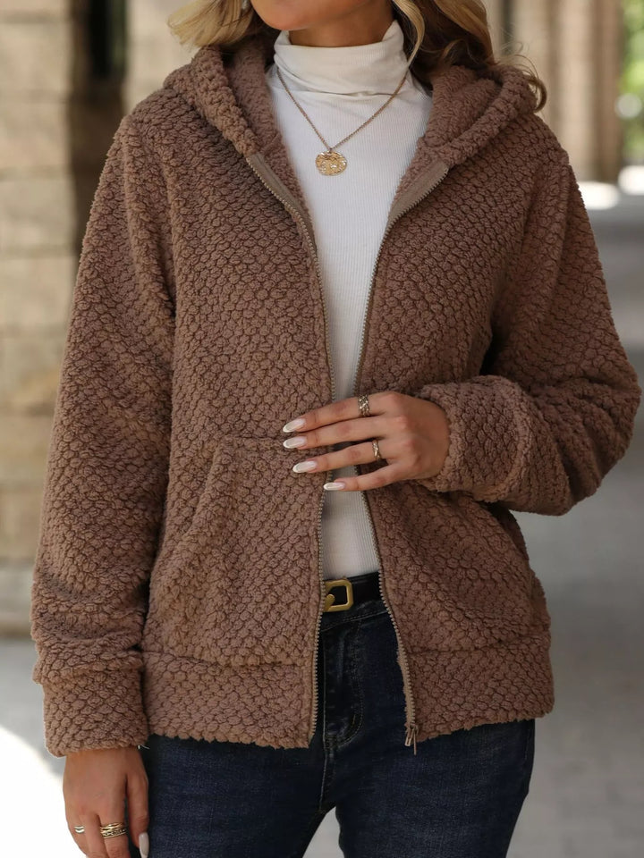 Textured Knit Zip-Up Hooded Outerwear