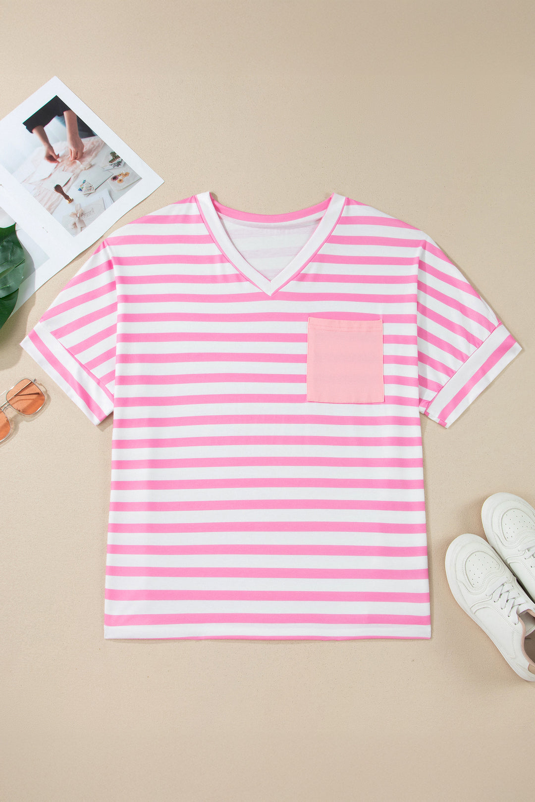 Pink Stripe Colorblock Patched Pocket V Neck Plus Size Tee