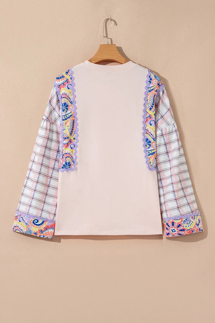 Paisley Print Plaid Long Sleeve Oversized Top