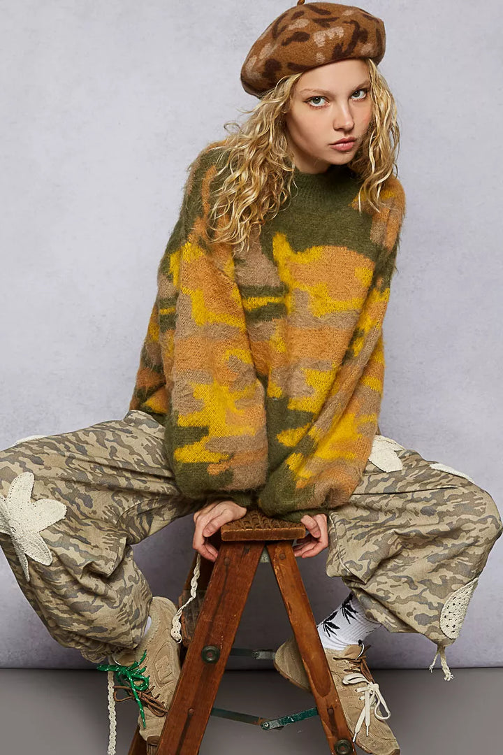 POL Mock Neck Abstract Colorblock Pattern Sweater