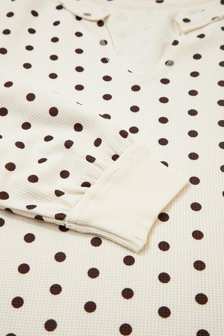 White Polka Dot Print Notched Neck Long Sleeve Top Drawstring Jogger Pants Waffle Knit Lounge Set