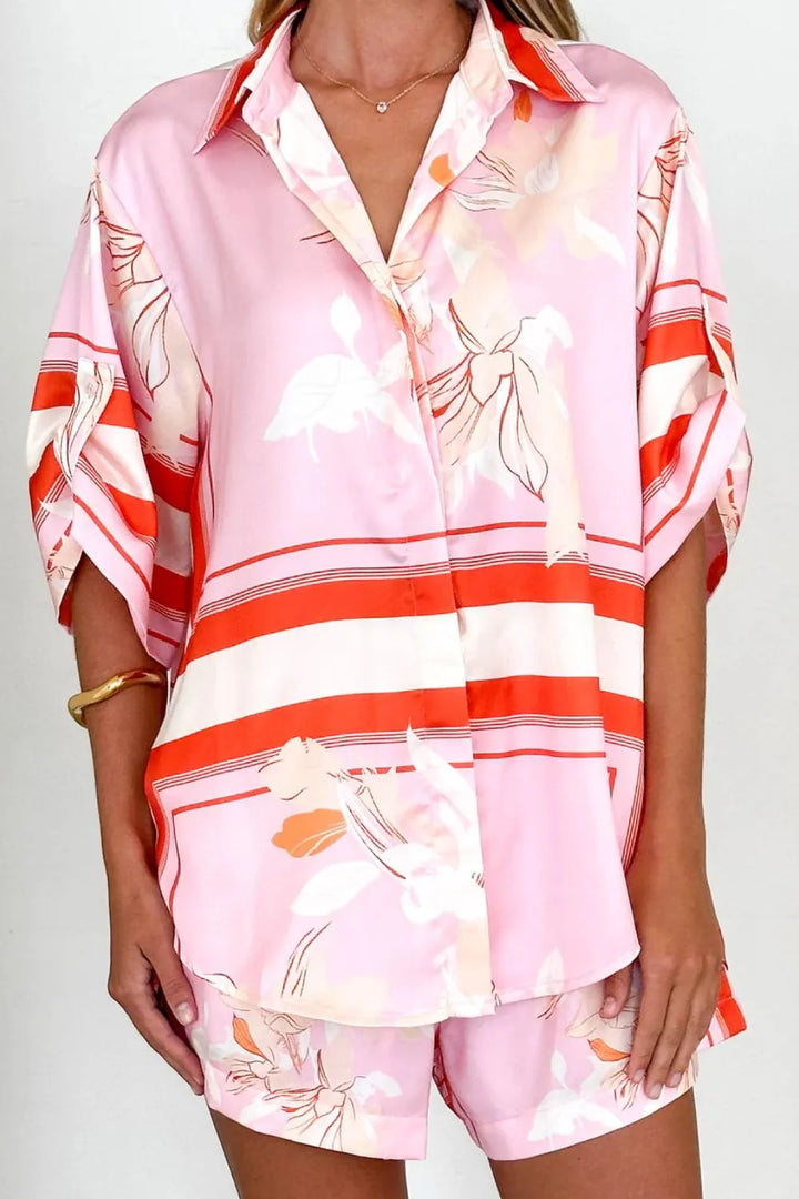Printed Collared Neck Top and Shorts Set