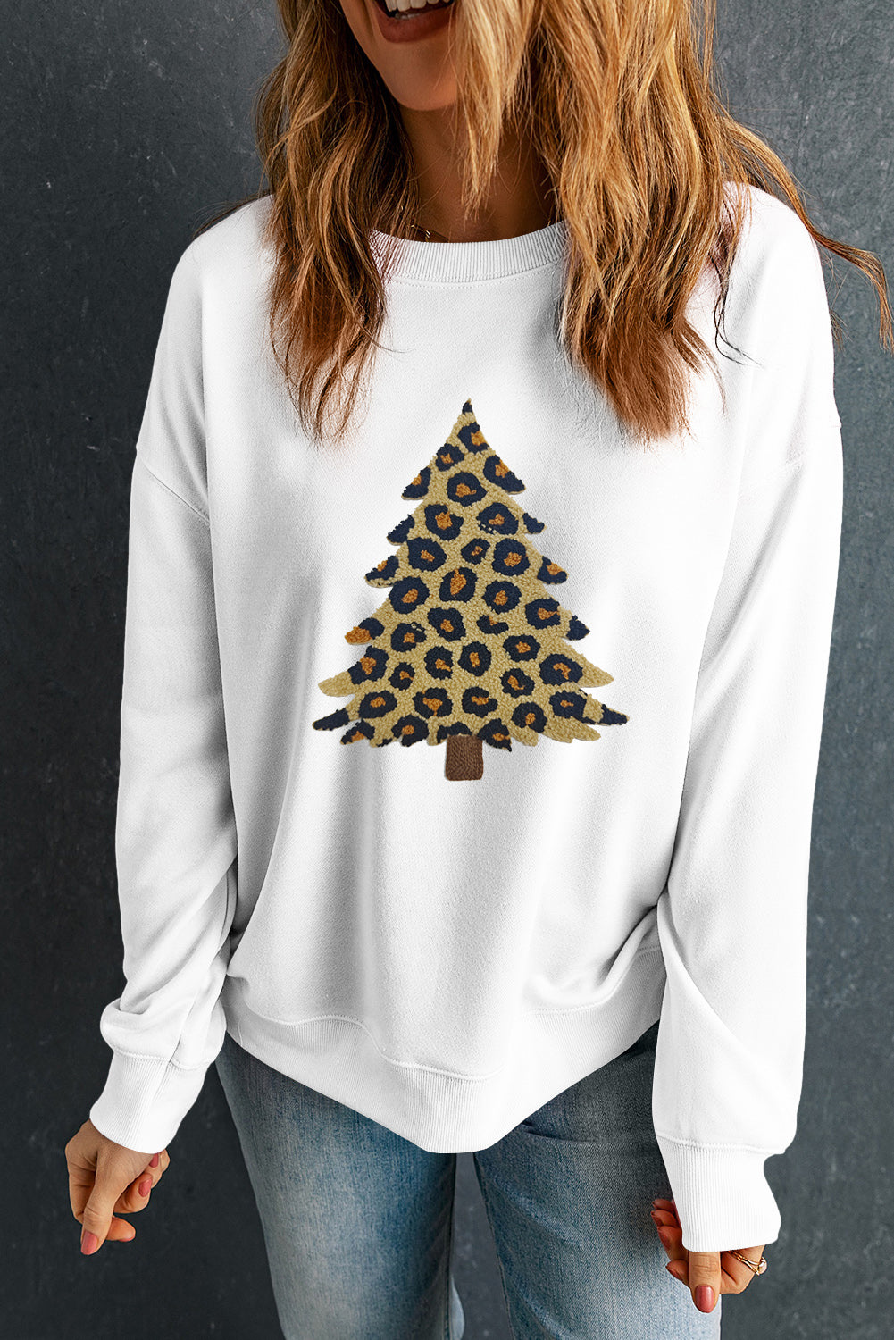 White Plush Leopard Tree Patched Drop Shoulder Sweatshirt