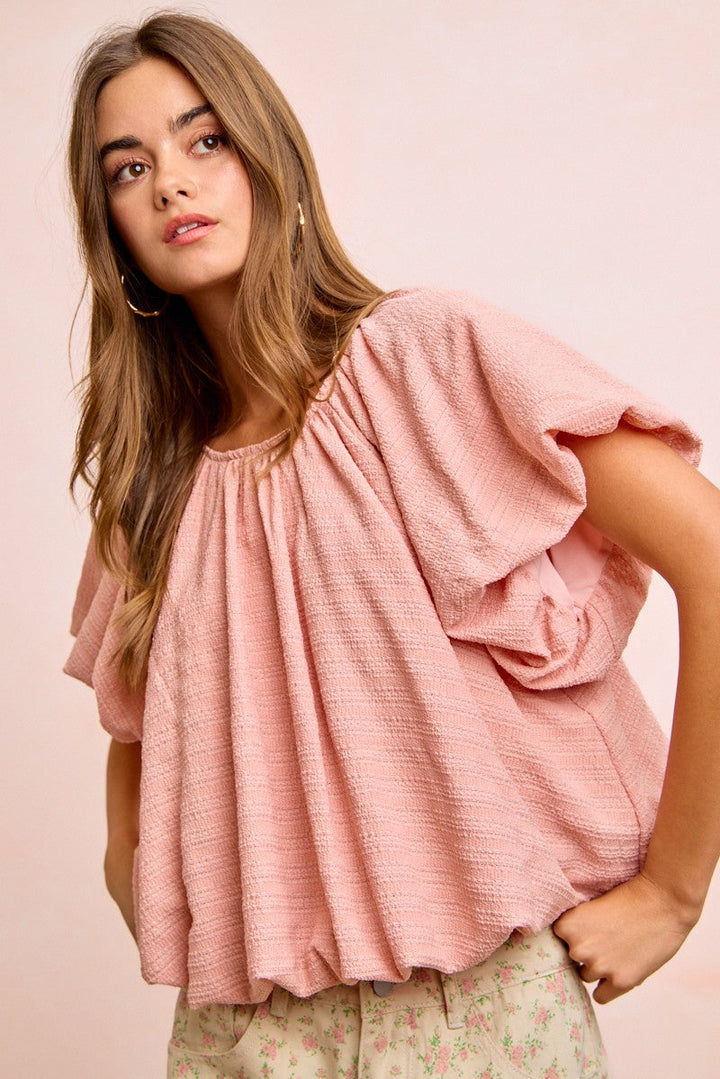 BiBi Stripes Textured Shirred Neckline Bubble Hem Top