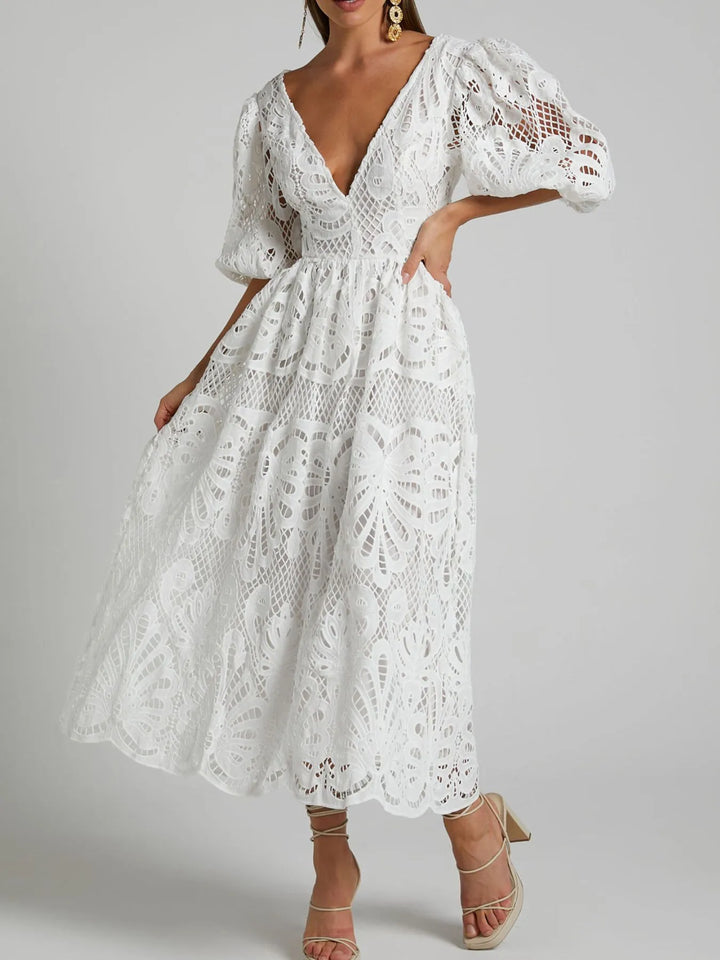 Cutout Back Lace Crochet V-Neck Dress