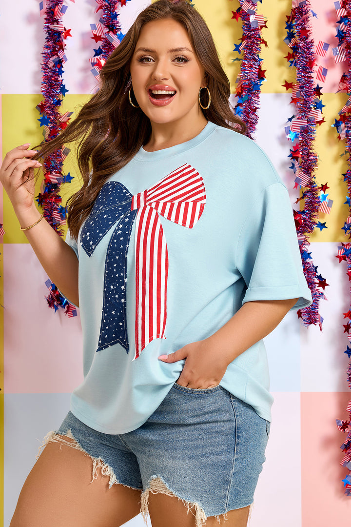 Beau Blue Plus Size Patriotic Bow Patchwork Graphic T-Shirt